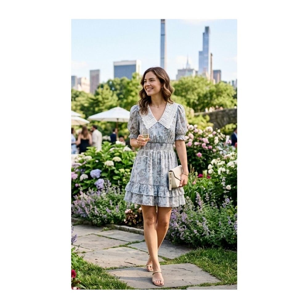 Maje Kara Blue Floral Mini Dress 2 Crochet Lace Sailor Collar Smocked Waist